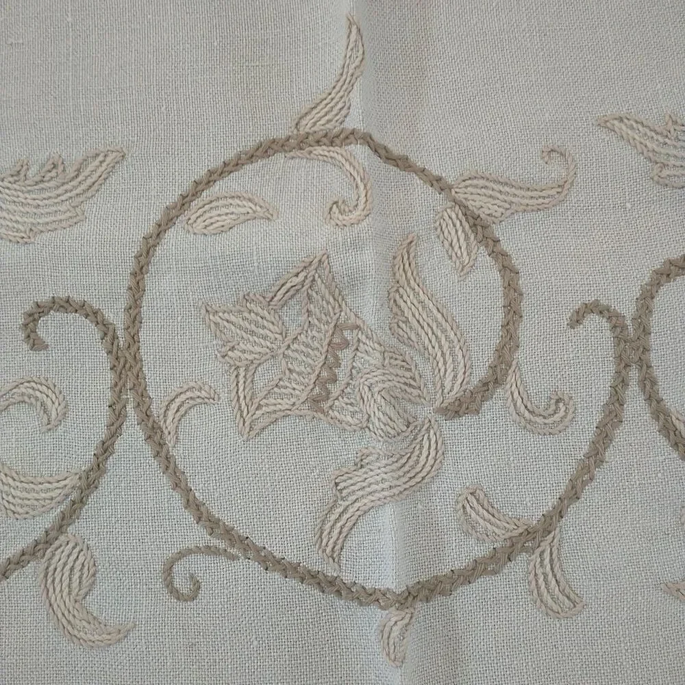 Vtg Large Tablecloth Floral Hand Embroidered White Tan Neutral Rectangle 51x66